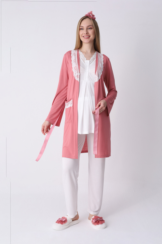 Maternity Pajamas Dressing Gown 3-Piece Set Lace Collar Pocketed Buttoned Breastfeeding Cotton Viscose Maternity Pajamas