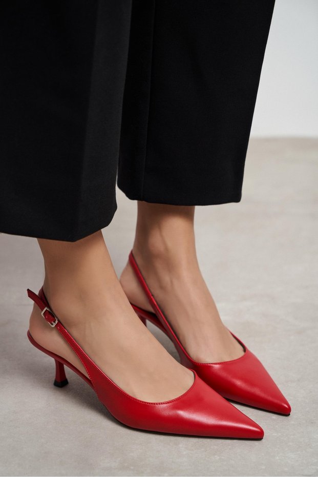 Megy Red Matte Back Open Buckle Detail Pointed Toe Women's Heeled Shoes