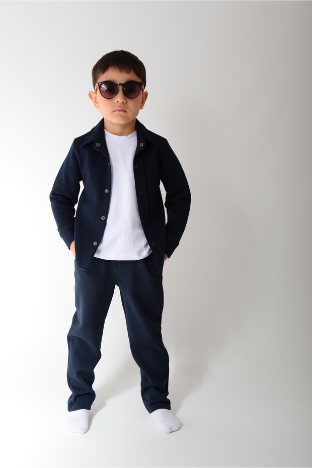 Boys' Dark Blue Slim Fit Lycra Shirt + Bib + Jagger Bottom Set (100% Cotton)