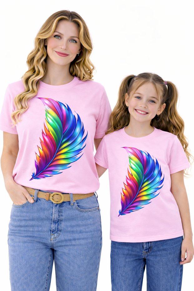 Mother Unisex Kids Combination Oversize T-Shirt Twin T-Shirt Colorful Feather Printed (Single Price)
