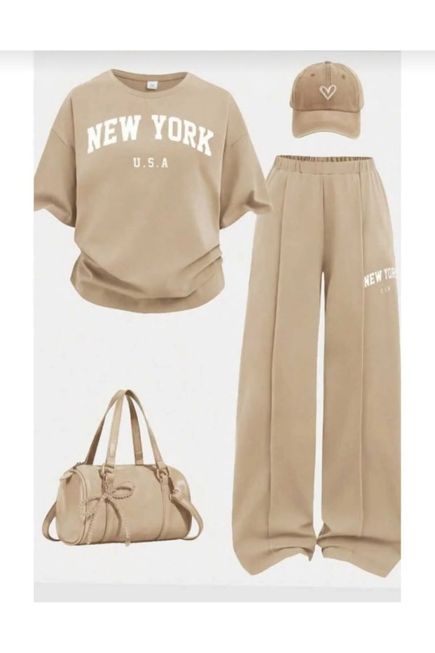 Summer New York Printed Girls' Wide-Leg Pants Two-Piece Set in Beige Color