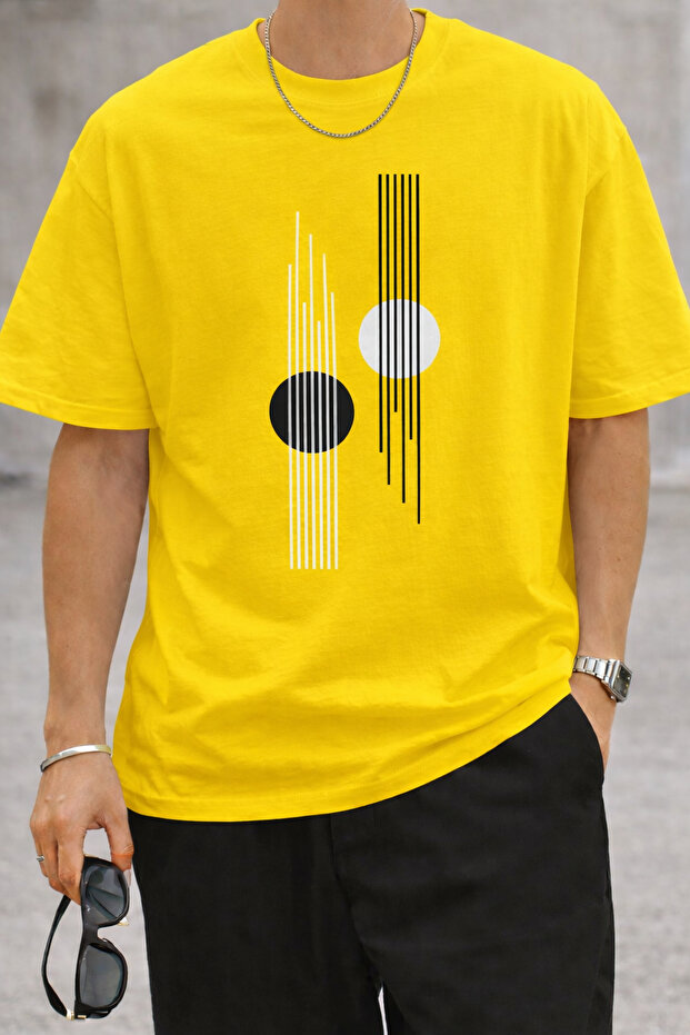 Minimal Line and Circle Printed Unisex Oversize T-Shirt – Cotton Crew Neck Casual T-Shirt