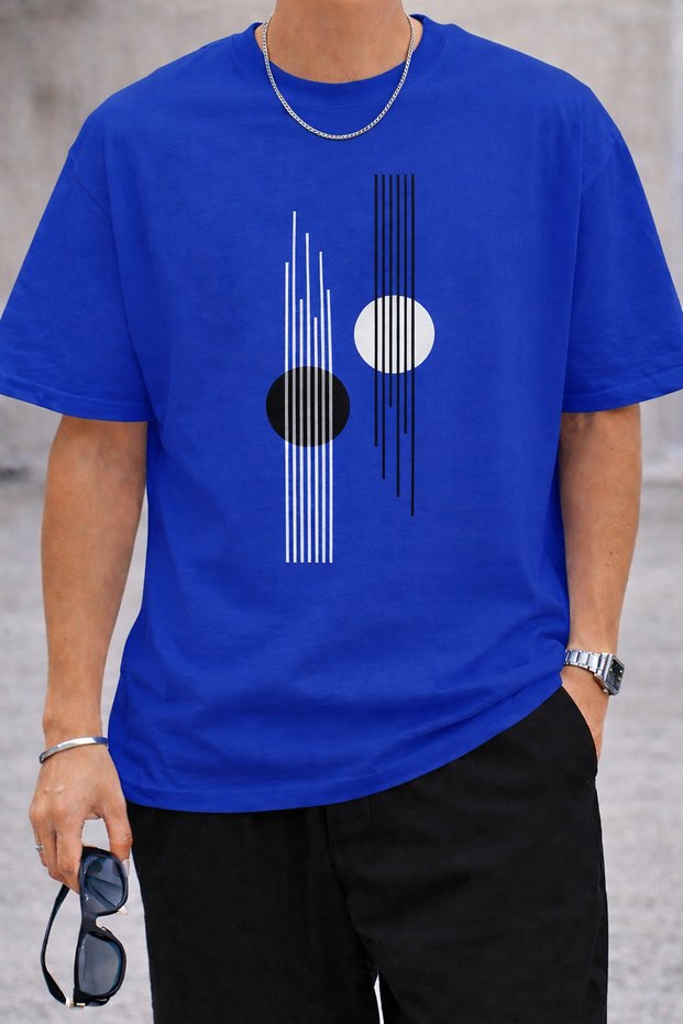 Minimal Line and Circle Printed Unisex Oversize T-Shirt – Cotton Crew Neck Casual T-Shirt