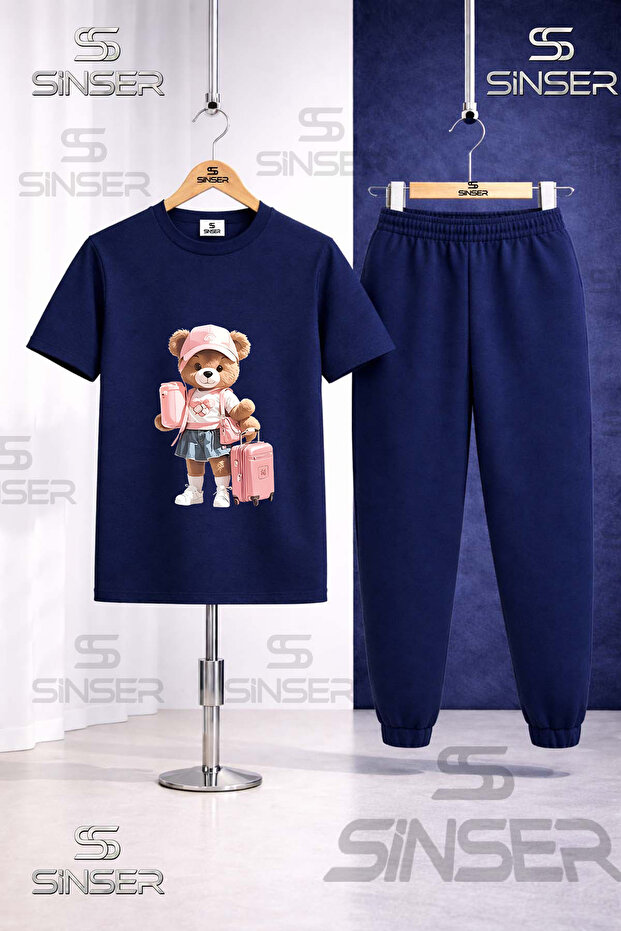 Children's Teddy Bear Suitcase Printed T-Shirt and Sweatpants Set for Girls