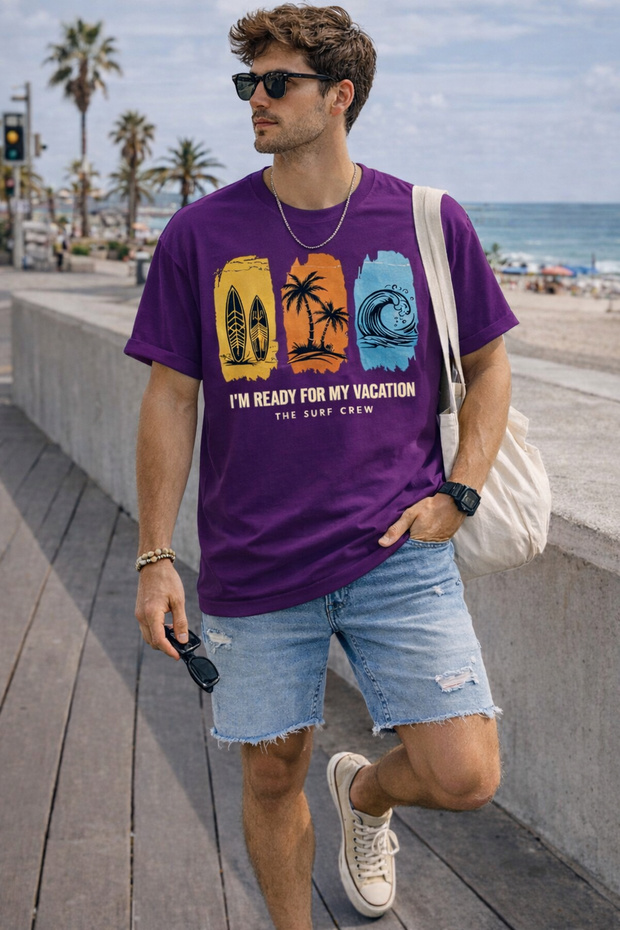 Surf and Vacation Themed Printed Unisex Oversize T-Shirt – Cotton Crew Neck Vacation Printed T-Shirt