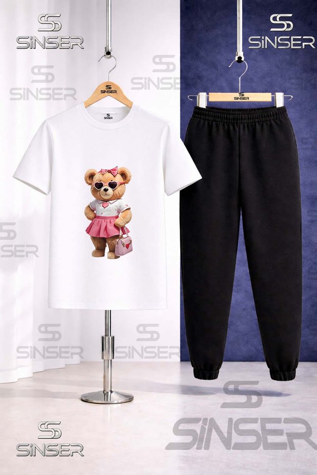 Children's Bear Pink Skirt Canta Printed T-Shirt Tracksuit Set