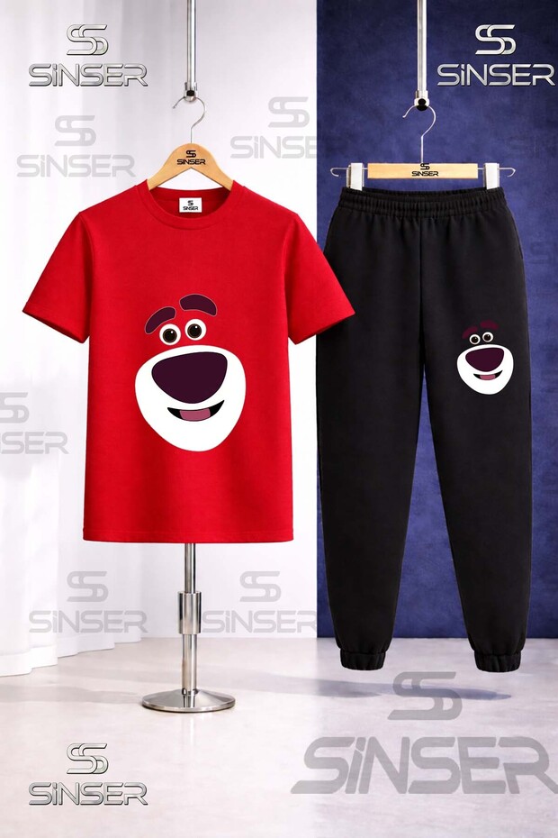 Children's Bear Smiling Face Printed T-Shirt Tracksuit Set