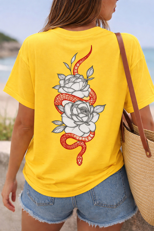 Snake and Flower Back Print Unisex Oversize T-Shirt – Cotton Crew Neck Casual T-Shirt