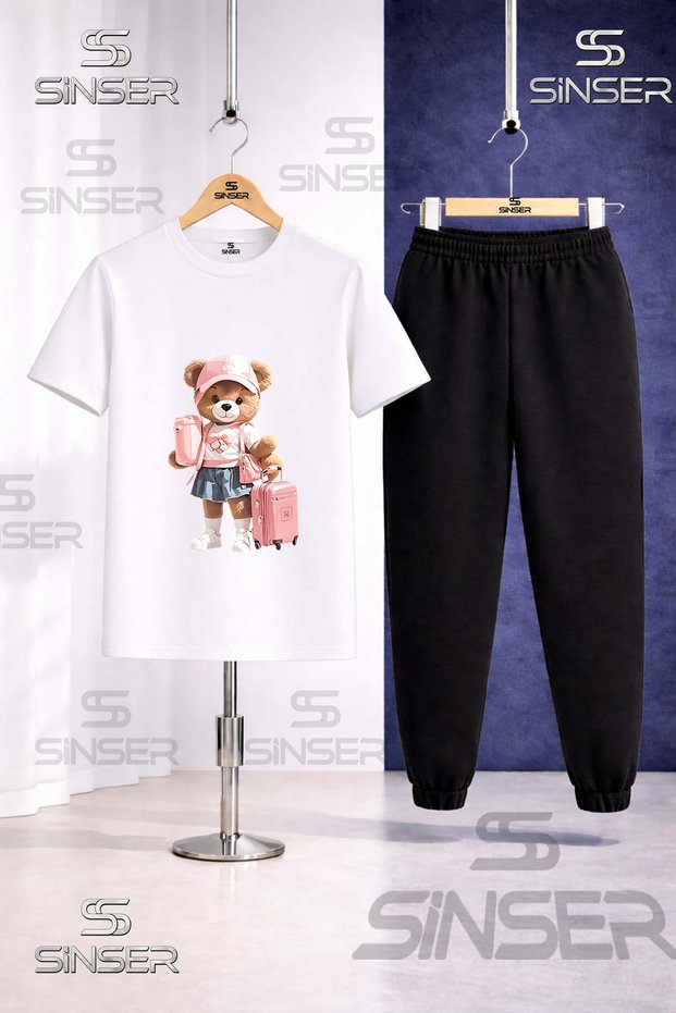 Children's Teddy Bear Suitcase Printed T-Shirt and Sweatpants Set for Girls
