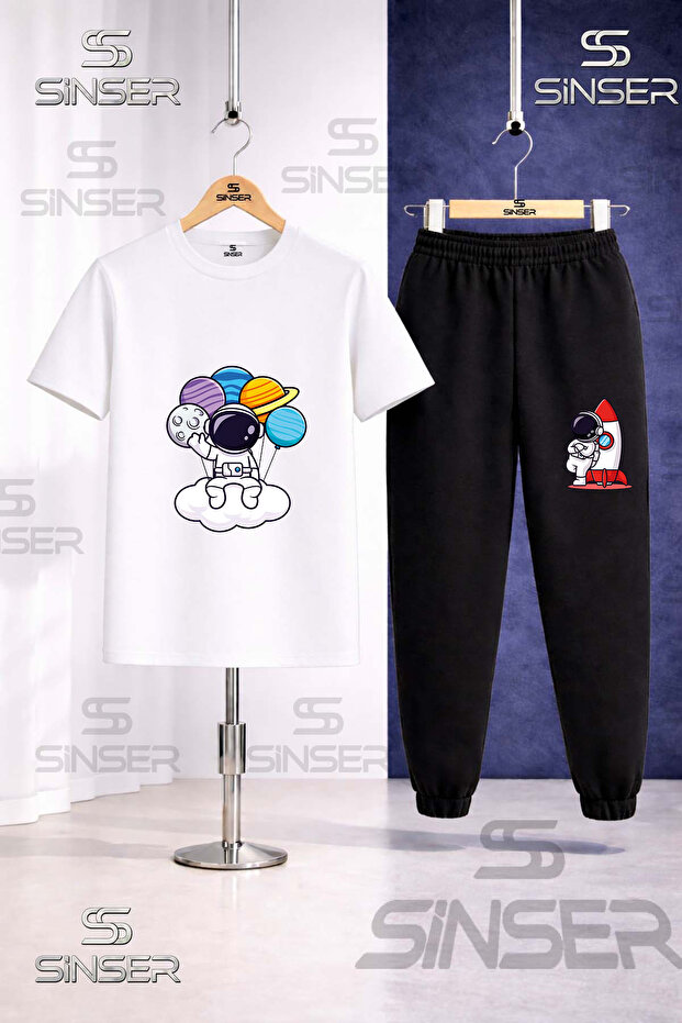 Children's Astronaut Cloud Hands Planets Printed T-Shirt Sweatpants Set