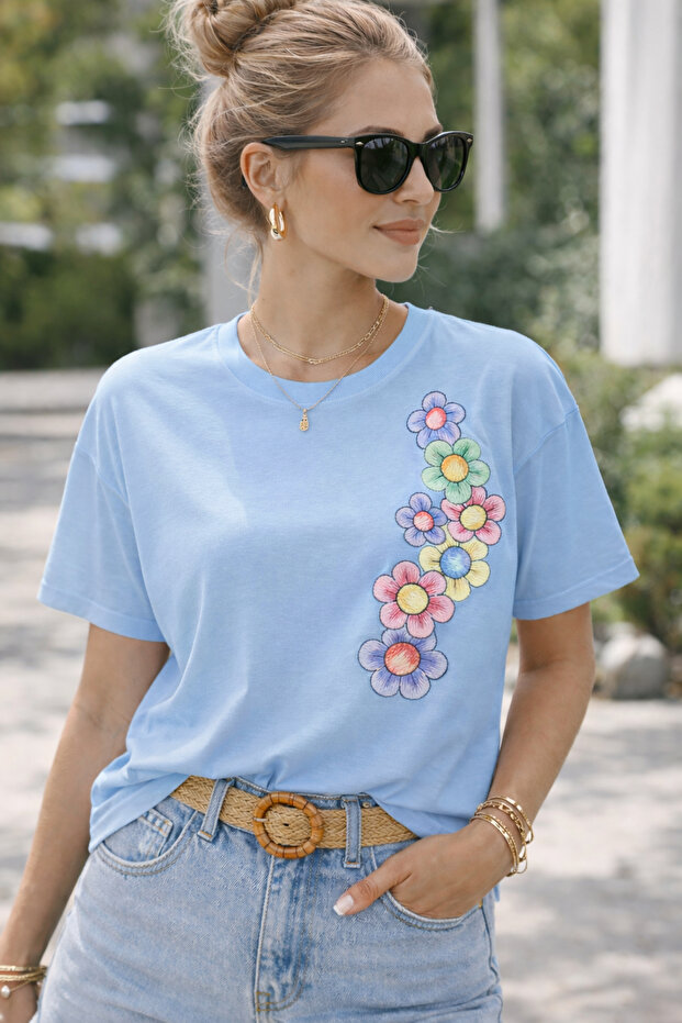 Floral Patterned Side Printed Unisex Oversize T-Shirt – Cotton Crew Neck Casual T-Shirt