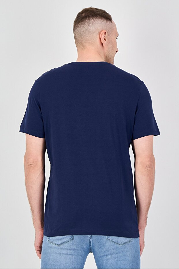 Men Crew Neck Short Sleeve Graphic Print T-Shirt, Navy - 3