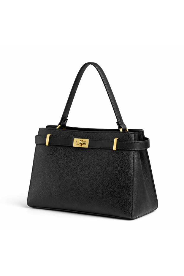 Black Women's Shoulder Bag – Gold Detailed, Stylish Medium Size Bag with Long Strap and Scarf as a Gift