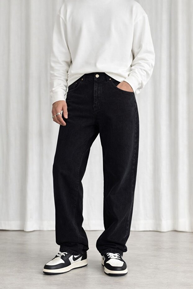 Men's Black Comfortable Fit Wide Leg Pants Modern Cut Casual Stylish Basic Denim Trousers