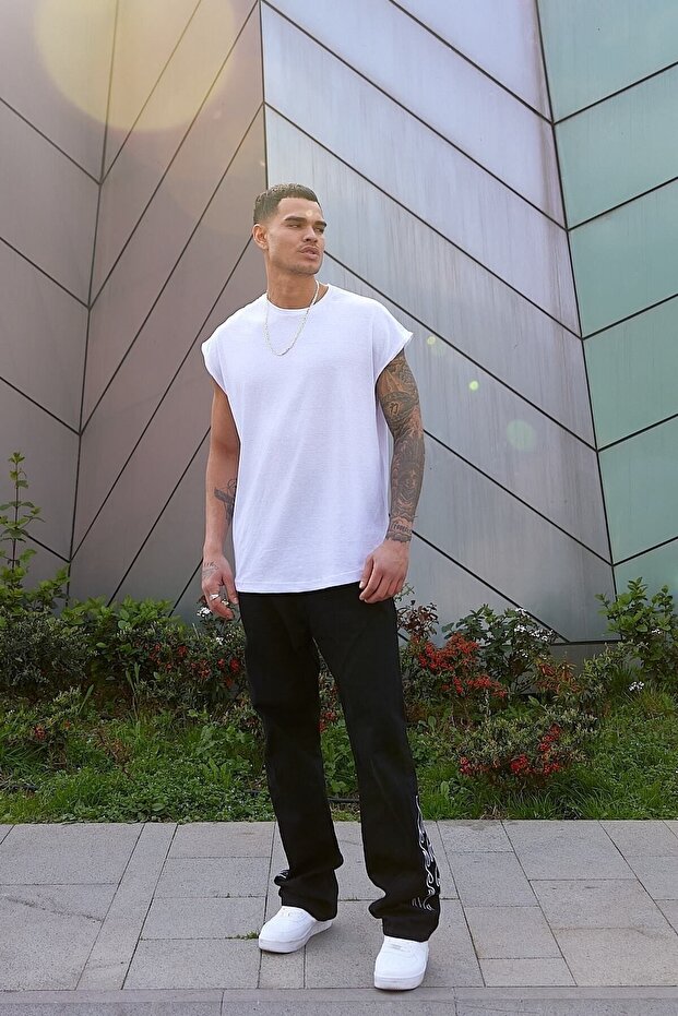 Unisex Black Zero Sleeve Crew Neck Oversize Casual Basic Sleeveless T-shirt