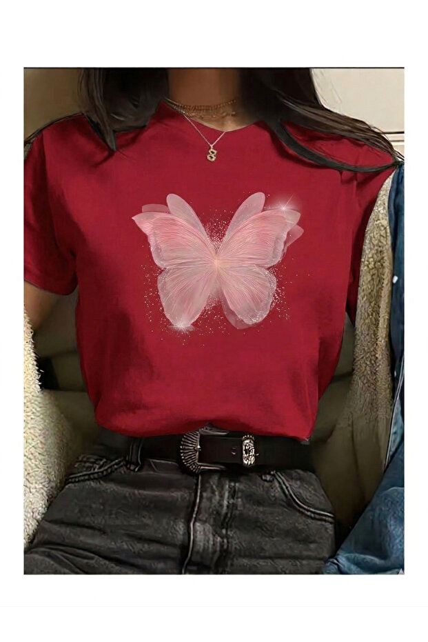 Pink Butterfly Pattern Printed Compact T-Shirt