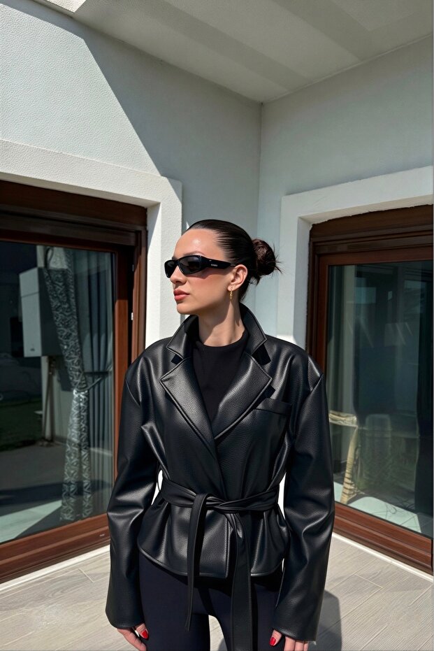 Women's Belt Detailed Double-Breasted Black Leather Jacket
