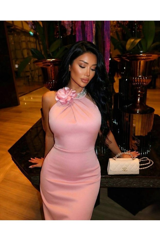 Women's Special Design Neckline Rose and Stone Detail Scuba Fabric Evening Dress with Low Chest Cut and Slit