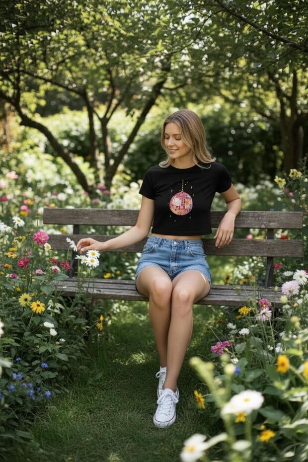 Disco Ball Detailed Short Cotton Crop Top