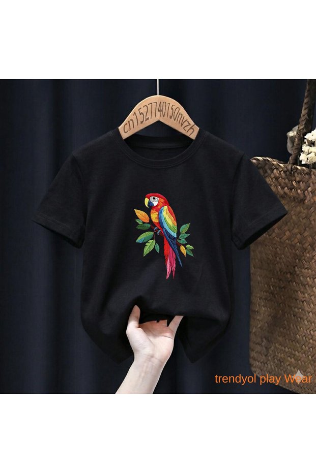 Branch Leaf Parrot Printed 100% Cotton Crew Neck Kids Unisex T-Shirt 5 6 -7 8-9 10 -11 12 Years Old