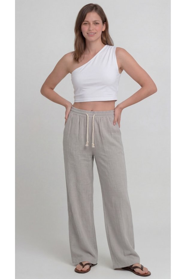 Gray Women's Muslin Pants – Palazzo Model, Wide Legs, Comfortable and High Waist