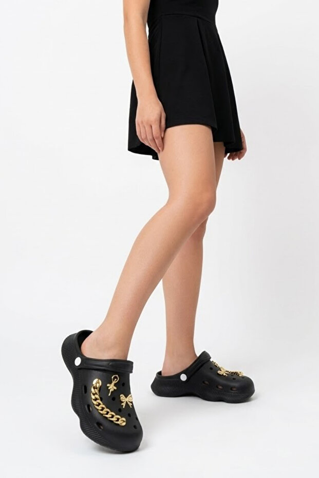 Women's Black Eva Sandals Slippers with Chain and Bow Accessory Detail, Lightweight Comfortable Sole for Daily Use