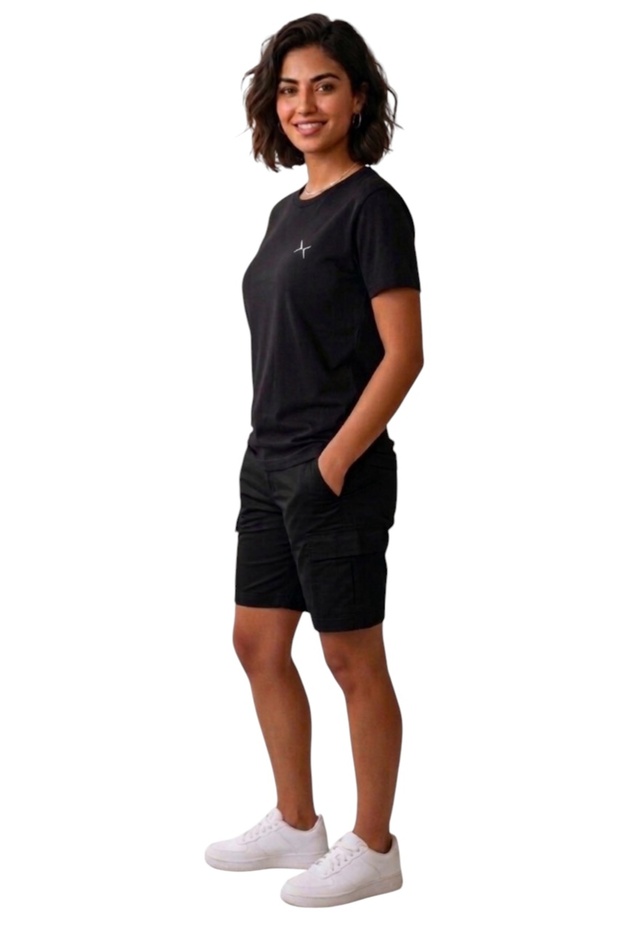 Women's Basic Black T-Shirt and Shorts Set – Sporty & Casual Style (with Cargo Pockets)