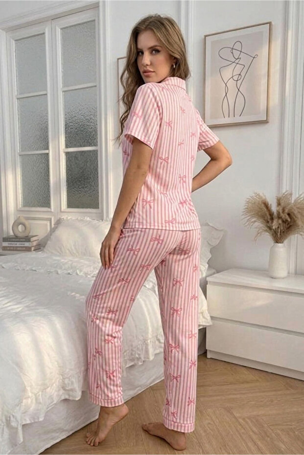 Pink Soft Bow Patterned Summer Pajama Set - 4