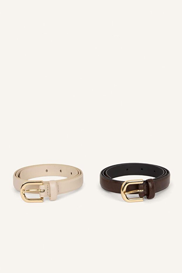 Women's Oval Buckle 2-Piece Faux Leather Belt H5060Axns