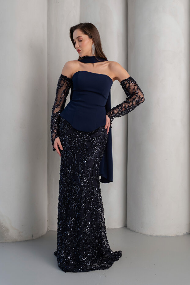 Women's Navy Blue Shawl Collar Sequined Long Evening Dress