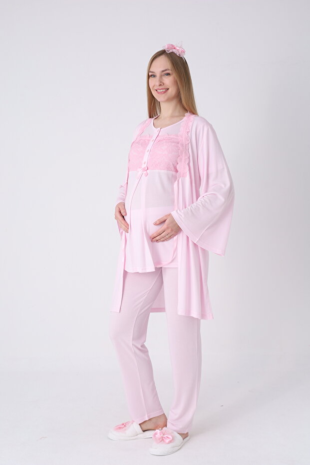 Elegant Lace Embroidered Plain Nightgown and Robe Set – 2-Piece Maternity Set