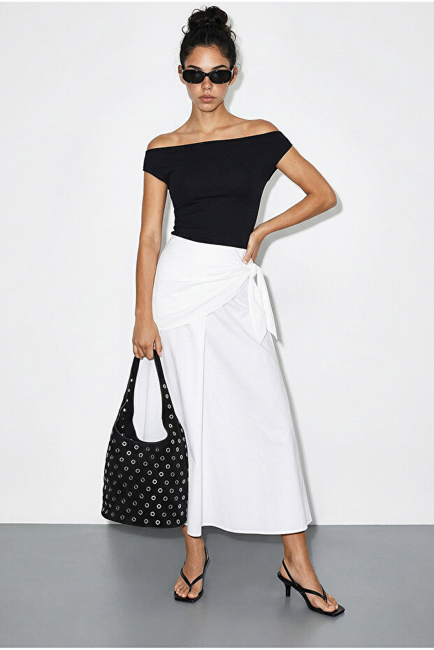 Women's White Waist-Tie Long Flared Skirt De261032 60286077