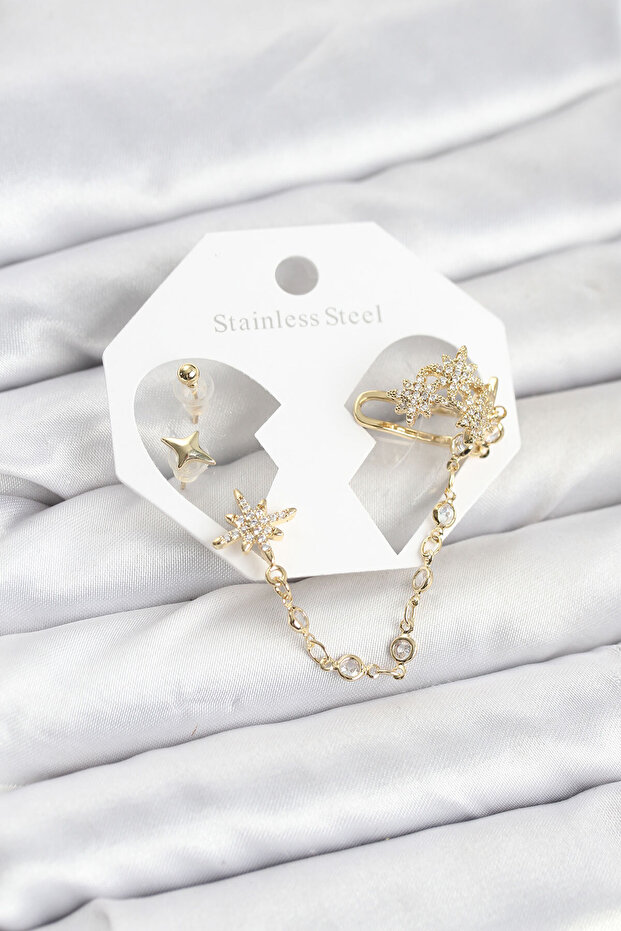 Stylish Pole Star Model Brass Gold Color Chain Linked Ear Cuff Earring Set Teachers Mothers Se