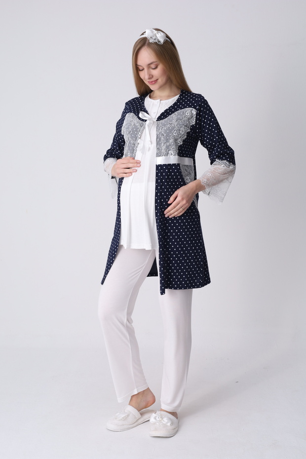 Maternity Pajamas Dressing Gown 3-Piece Set Polka Dot Lace Sleeves Buttoned Breastfeeding Cotton Viscose Maternity Set