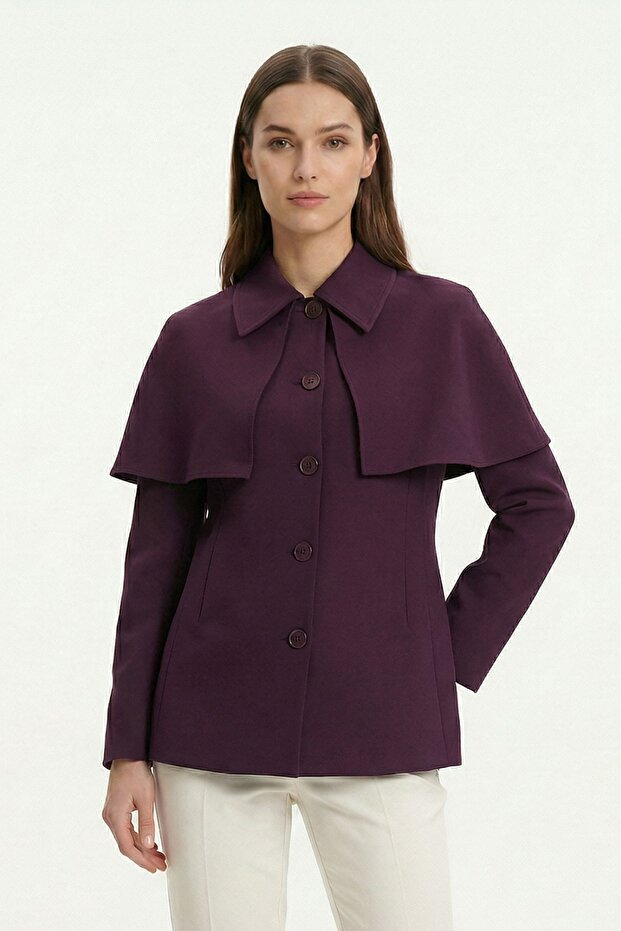Plum Cloak Detailed Buttoned Jacket 7687 - 2