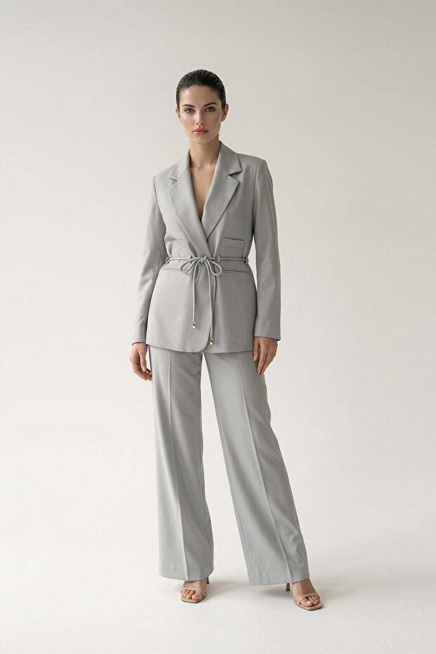 Baby Blue Belted Jacket with Pocket Detail, Comfortable Cut Pocket Pants Set