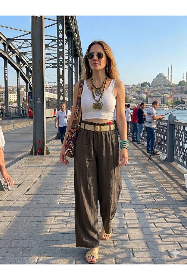 Women's Italian Brown Elastic Waist Plain Pattern Side Pockets Belted Wide Leg 100% Linen Trousers