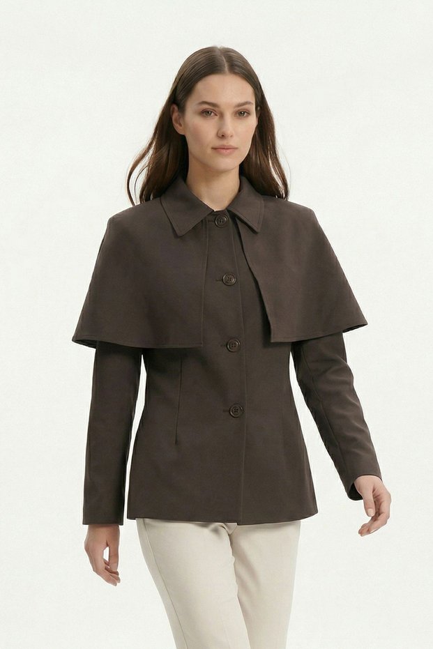 Brown Cloak Detailed Buttoned Jacket 7687