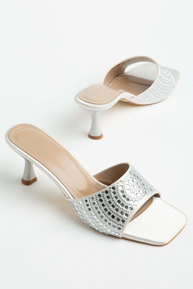 Women's Heeled Slippers Silver Stone Satin Thin Heels