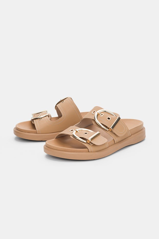Virel Adjustable Double Gold Buckle Detailed Women's Slippers - Taba