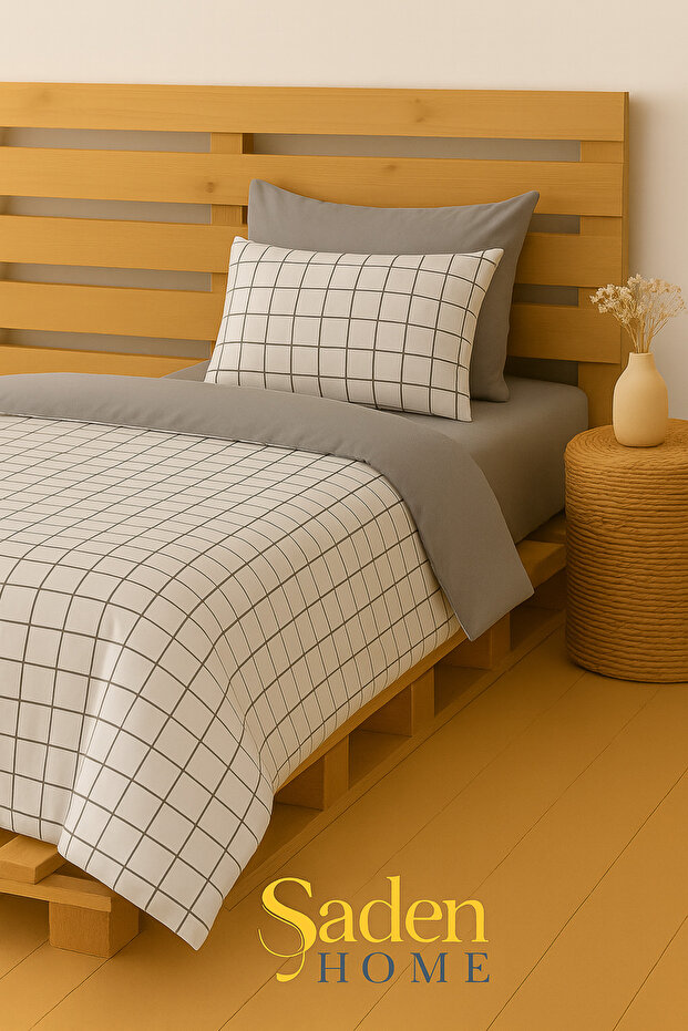 Single Size Rubberized Sheet Bedding Set Checked Pattern - 2
