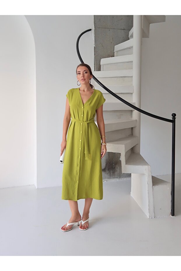 Women's Cemila Aerobin Fabric Front Buttoned Belted Dress