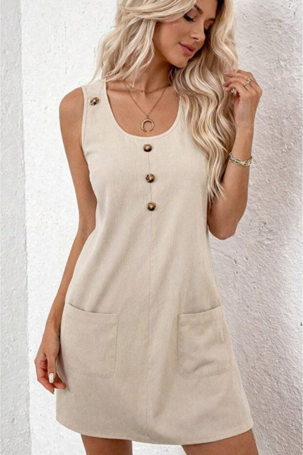 Women's Round Neck Front Buttoned Mini Dress with Pockets