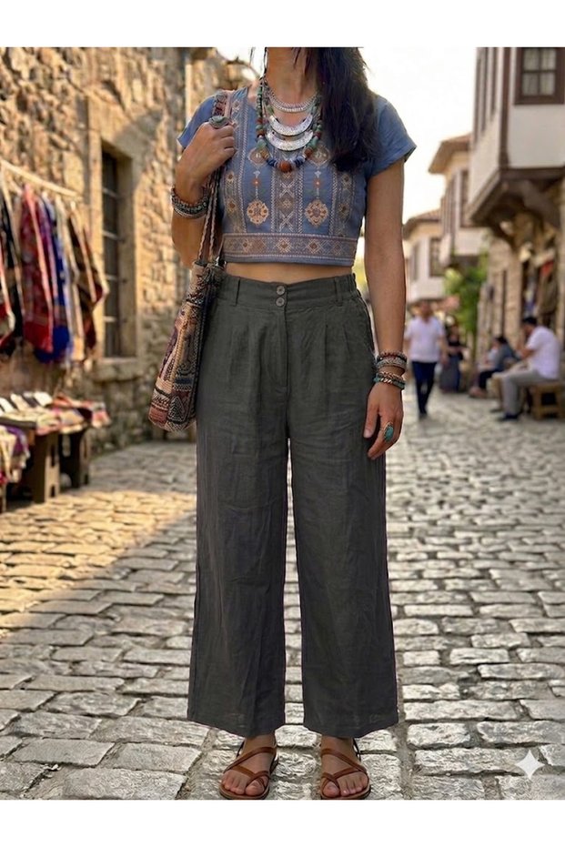 Women's Italian Anthracite 100% Linen Trousers with Elastic Waist and Side Pockets, Wide Legs