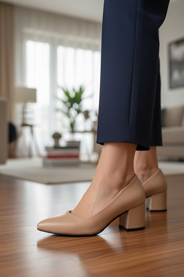 Women's Nude Tone Almond Toe Square Form Medium Heel Classic Shoes