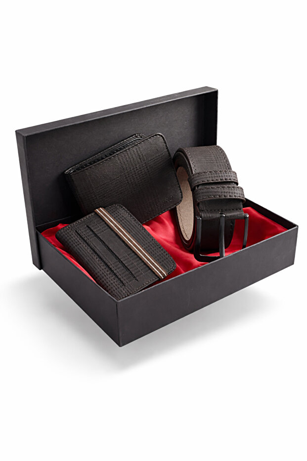 Special Series Luxury Premium Stylish Design Horizontal Plaid Pattern Wallet Card Holder and Belt Gift Set