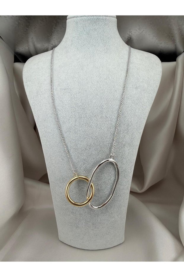 Double Ring Detailed Long Chain Women's Necklace – Gold & Silver Color Combination, Daily & Special Occasion Accessory