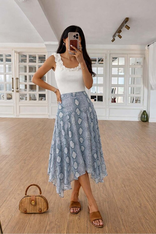 Asymmetrical hem ethnic pattern lined skirt 4091