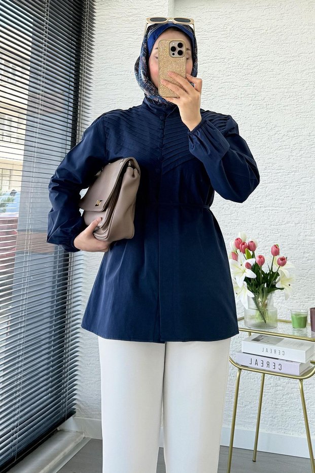 Hakim Collar Ribbed Detailed Poplin Shirt Tunic - Navy Blue