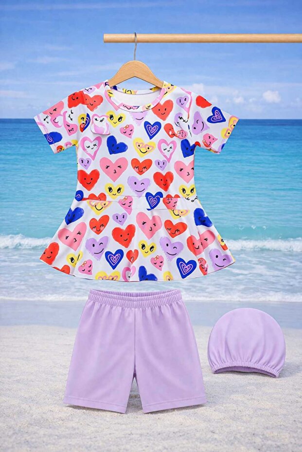 Girl's Patterned Swimsuit Set 3-Piece Set (Bathing Cap + Top + Shorts) Sea Beach Set